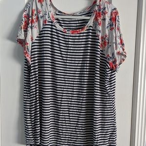 Navy blue striped shirt with floral detail